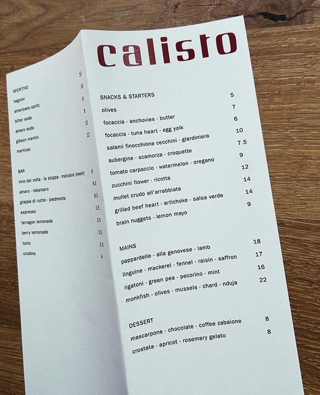 Calisto menukaart