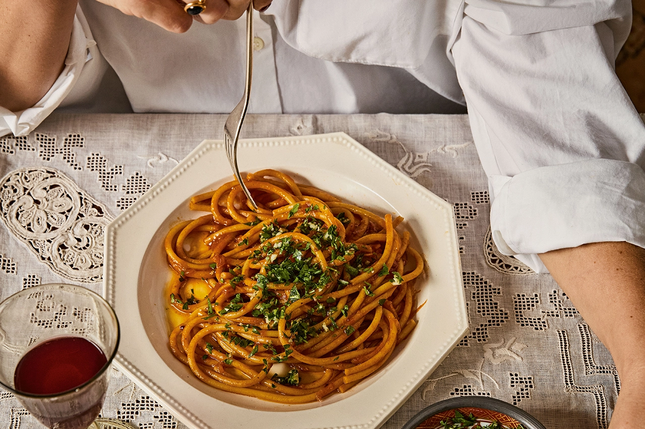 Pasta met gekaramelliseerde sjalotten
